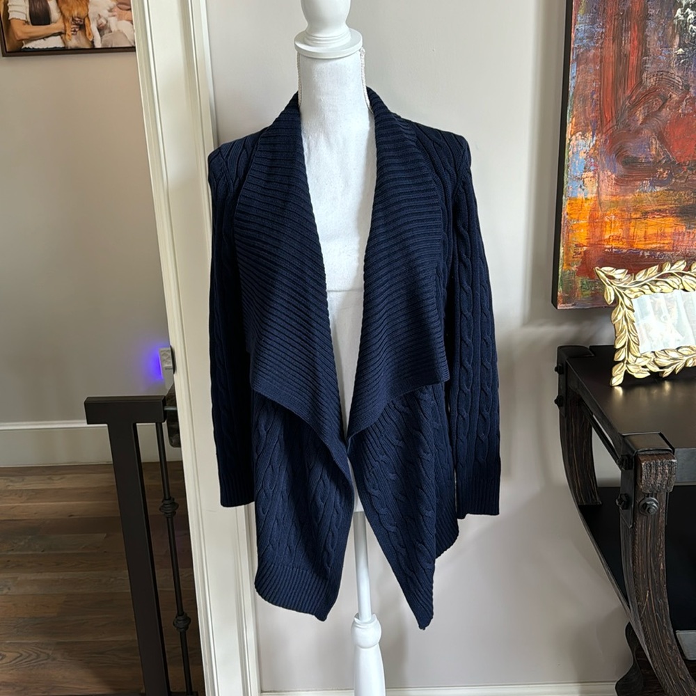 Lauren by Ralph Lauren Linen-Cotton Cable-Knit Cardigan. Navy. Size XS
